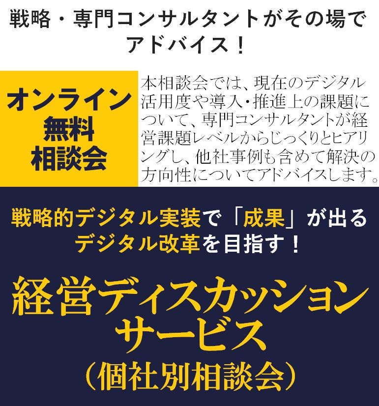 デジタルは手段。戦略的デジタル実装で、「成果」が出るデジタル改革を目指しませんか。【無料/個社別相談会】経営ディスカッションサービス