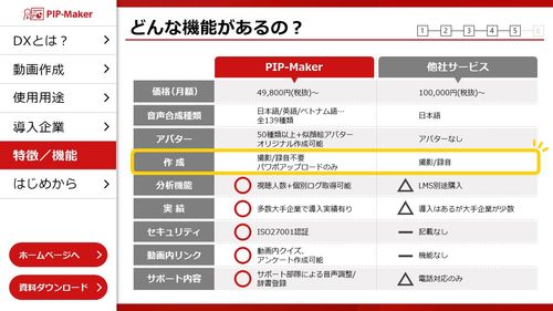 他社比較<撮影録音不要/動画内クイズ/動画容量>