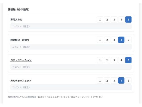 評価項目は求人ごとに設定。判断の根拠が残ります