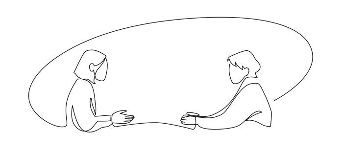 Job interview - vector modern simple one line design composition with recruiter and candidate. Continuous Line Drawing of Two women are talking at the table