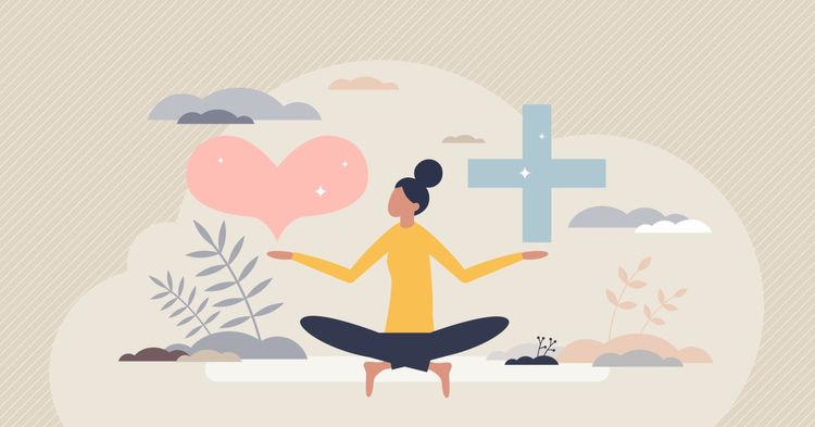 Mental wellbeing with love and health balance for peace tiny person concept. Calm emotions and happiness mindset with value esteem and appreciation vector illustration. Female yoga and meditation pose