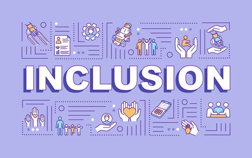 Inclusion word concepts banner. Handicapped people. Disabilities aid. Infographics with linear icons on purple background. Isolated typography. Vector outline RGB color illustration