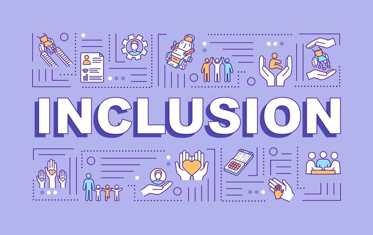 Inclusion word concepts banner. Handicapped people. Disabilities aid. Infographics with linear icons on purple background. Isolated typography. Vector outline RGB color illustration