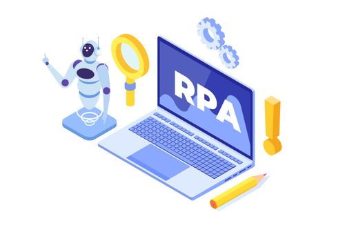 Robotic Process Automation concept, RPA. Robot or Chat bot helps people in different tasks. Vector isometric illustration.