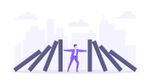 Domino effect or business resilience metaphor vector illustration concept. Adult young businessman pushing falling domino line business concept of problem solving and stopping domino chain reaction.