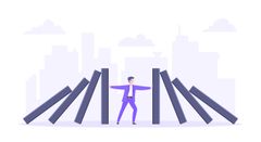 Domino effect or business resilience metaphor vector illustration concept. Adult young businessman pushing falling domino line business concept of problem solving and stopping domino chain reaction.