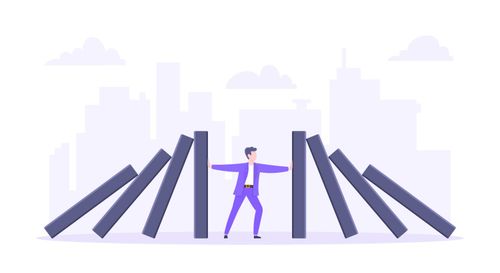 Domino effect or business resilience metaphor vector illustration concept. Adult young businessman pushing falling domino line business concept of problem solving and stopping domino chain reaction.