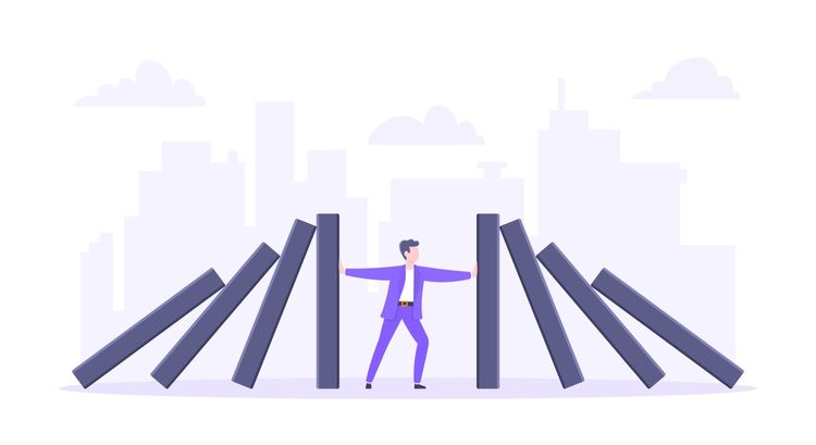 Domino effect or business resilience metaphor vector illustration concept. Adult young businessman pushing falling domino line business concept of problem solving and stopping domino chain reaction.