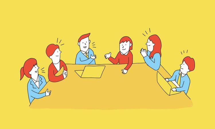 テーブルでディスカッションするビジネスチームのイラスト ミーティング、会議、ブレスト、議論、打ち合わせ