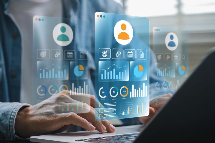 Digital HR system showing employee KPI data, team performance metrics and productivity dashboards used by organizations for workforce evaluation and human resource data driven decision making