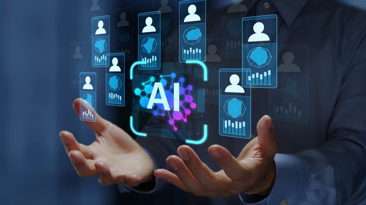 AI-powered HR evaluation and performance appraisal. Automated review of assessment scores. Businessperson holding artificial Intelligence icons and charts