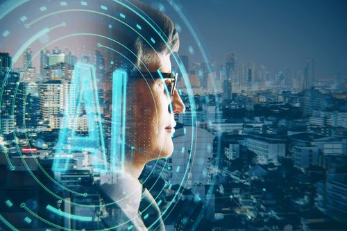 Side portrait of attractive young businessman with glowing round AI hologram on blurry night city background. Artificial intelligence and machine learning concept. Double exposure.