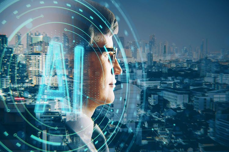 Side portrait of attractive young businessman with glowing round AI hologram on blurry night city background. Artificial intelligence and machine learning concept. Double exposure.